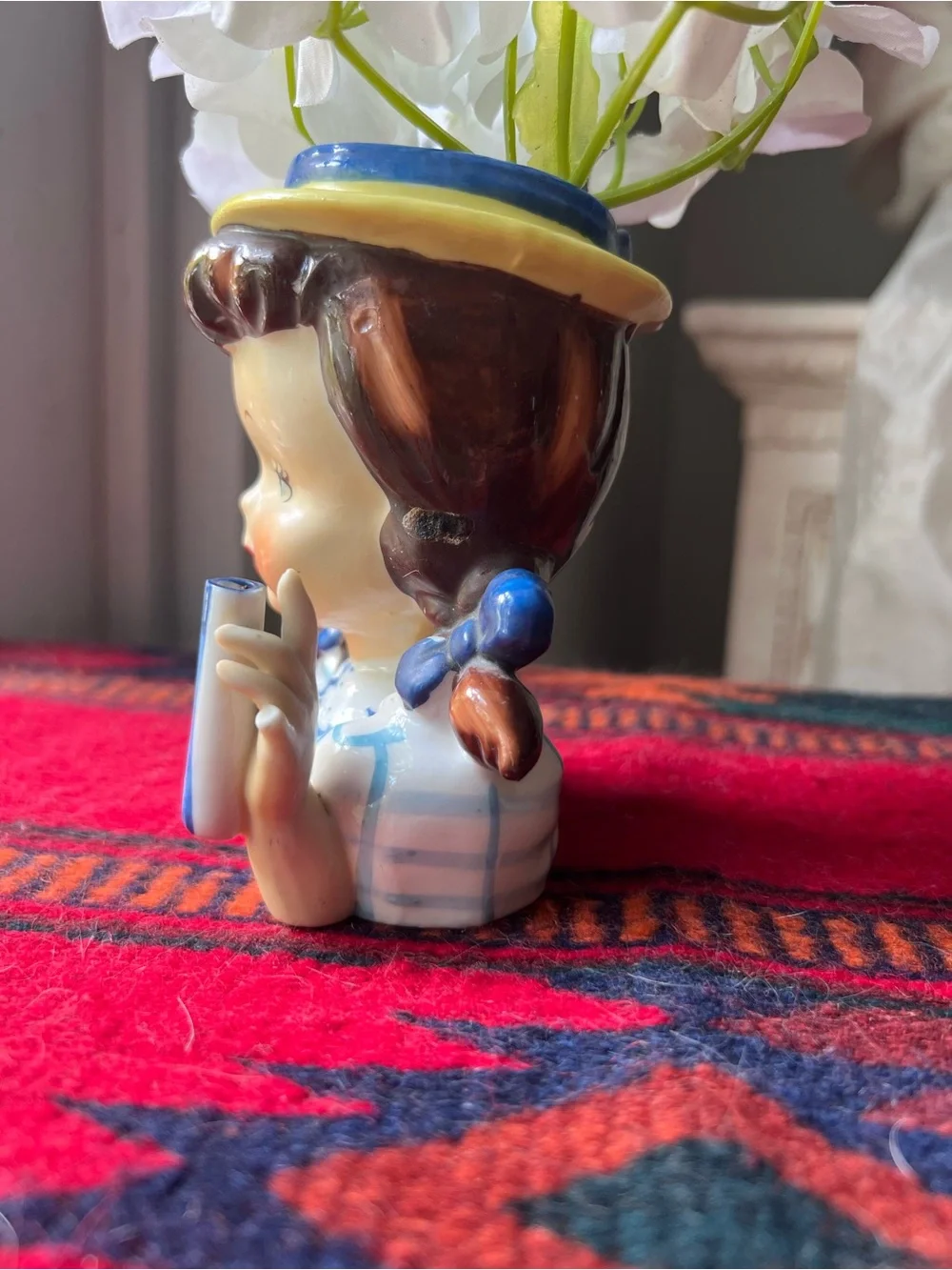 Vintage Ceramic Girl with Pigtails Head Vase in Blue, Checkered dress like new - Picture 7 of 14